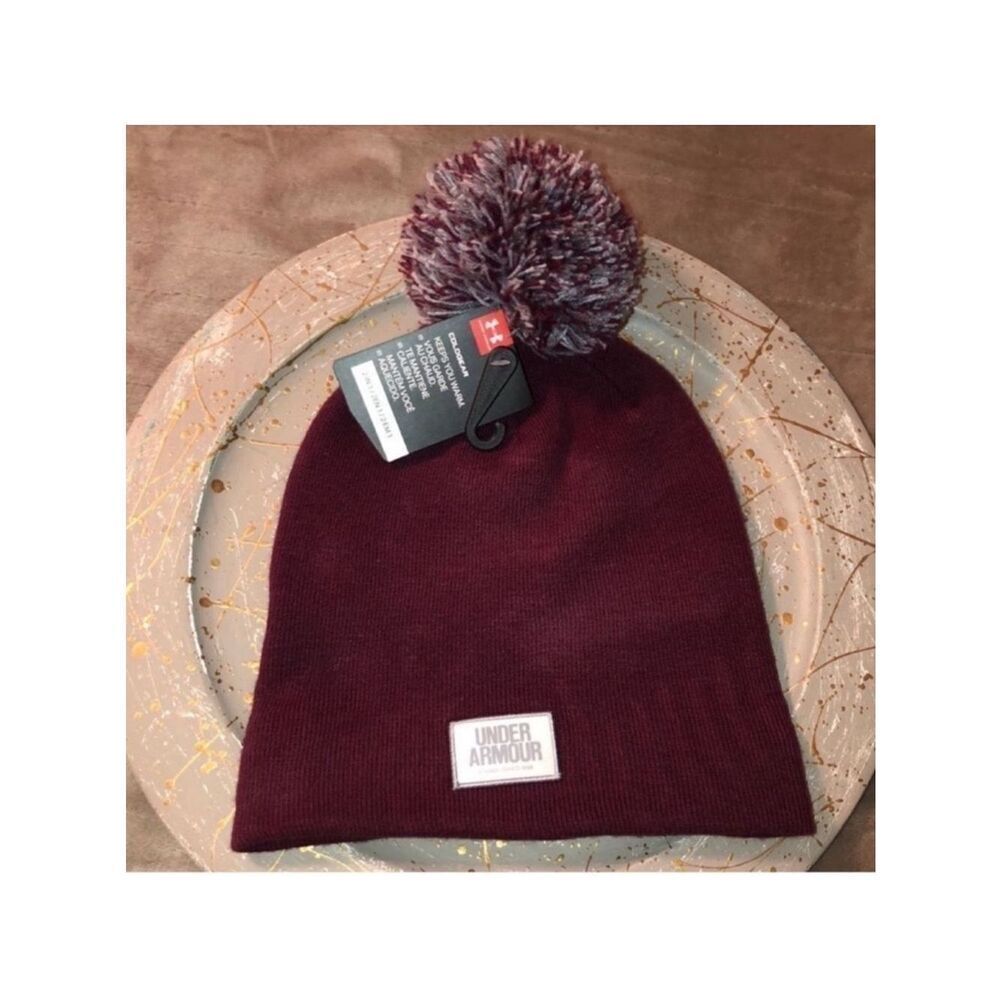 Under Armour Women’s Burgundy Gray Winter Knit Pom Pom Hat